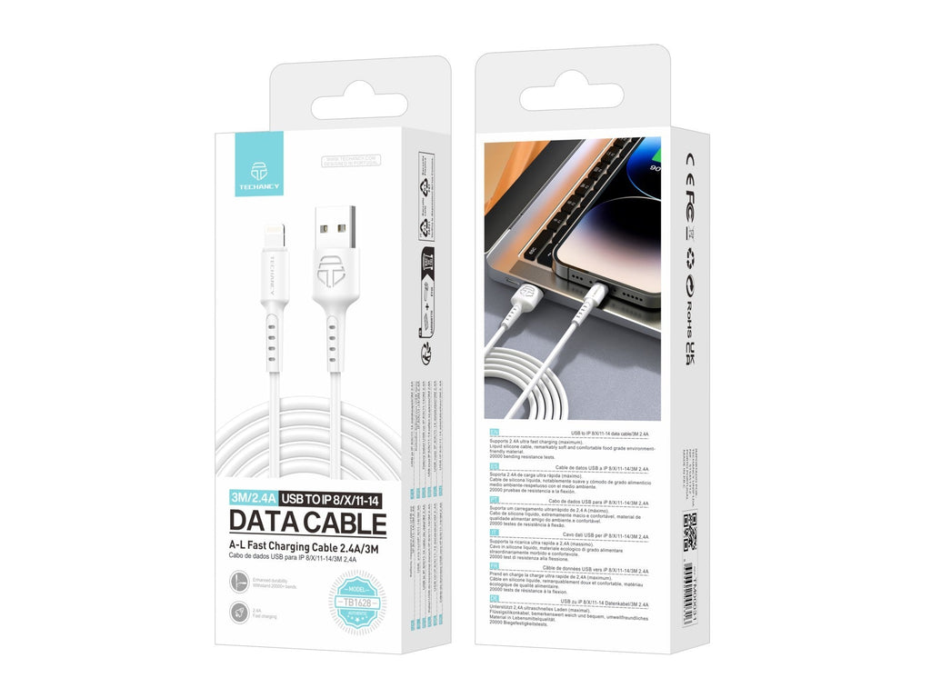 Techancy Cabo De Dados Branco TB1628, Cabo De Carregamento Rápido Usb Para Lightning, 3 M/2,4 A, Compatível Com Iphone/Ipad