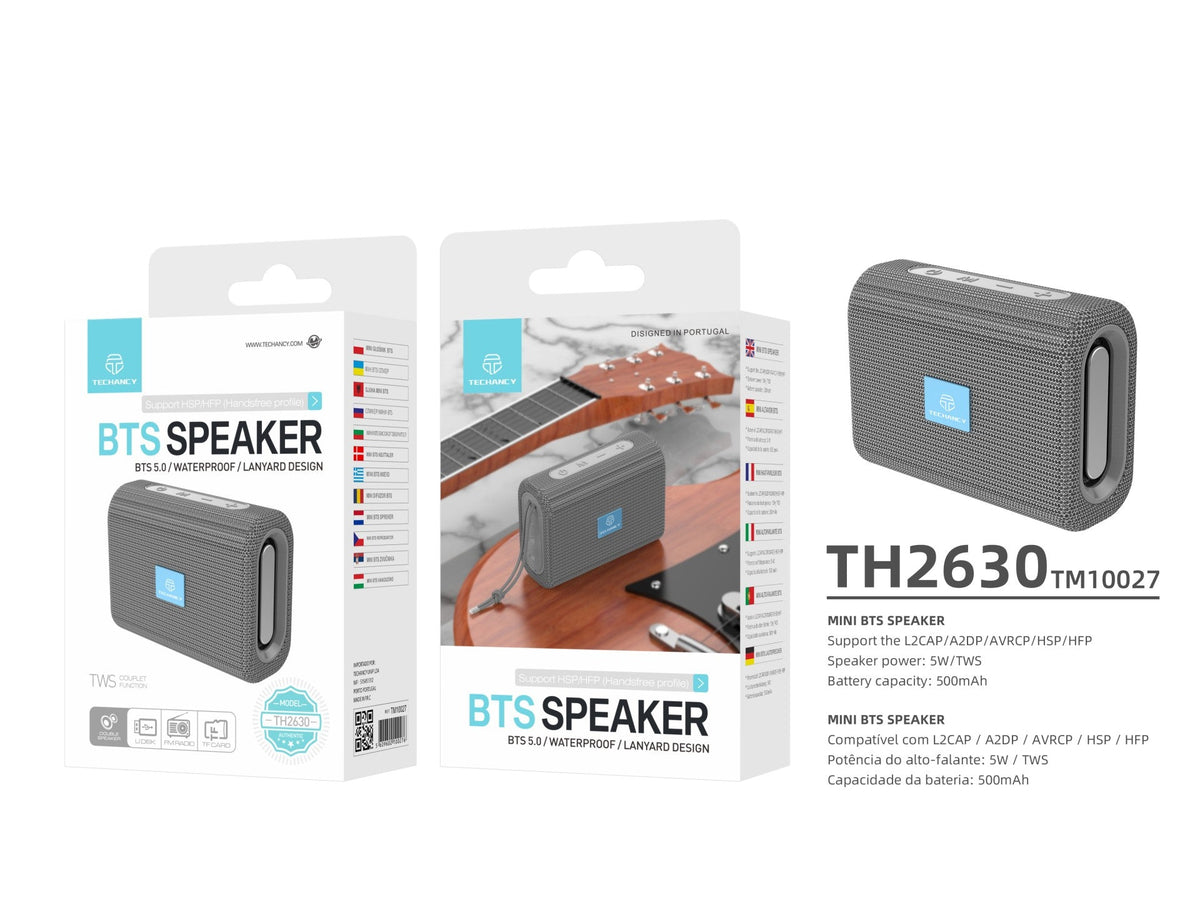 Techancy Mini Altifalante Sem Fios Cinzento TH2630, Reprodução Com Bateria Incorporada, Conetividade Bluetooth 5.0, Suporte Tws