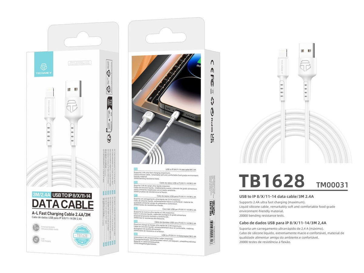 Techancy Cabo De Dados Branco TB1628, Cabo De Carregamento Rápido Usb Para Lightning, 3 M/2,4 A, Compatível Com Iphone/Ipad