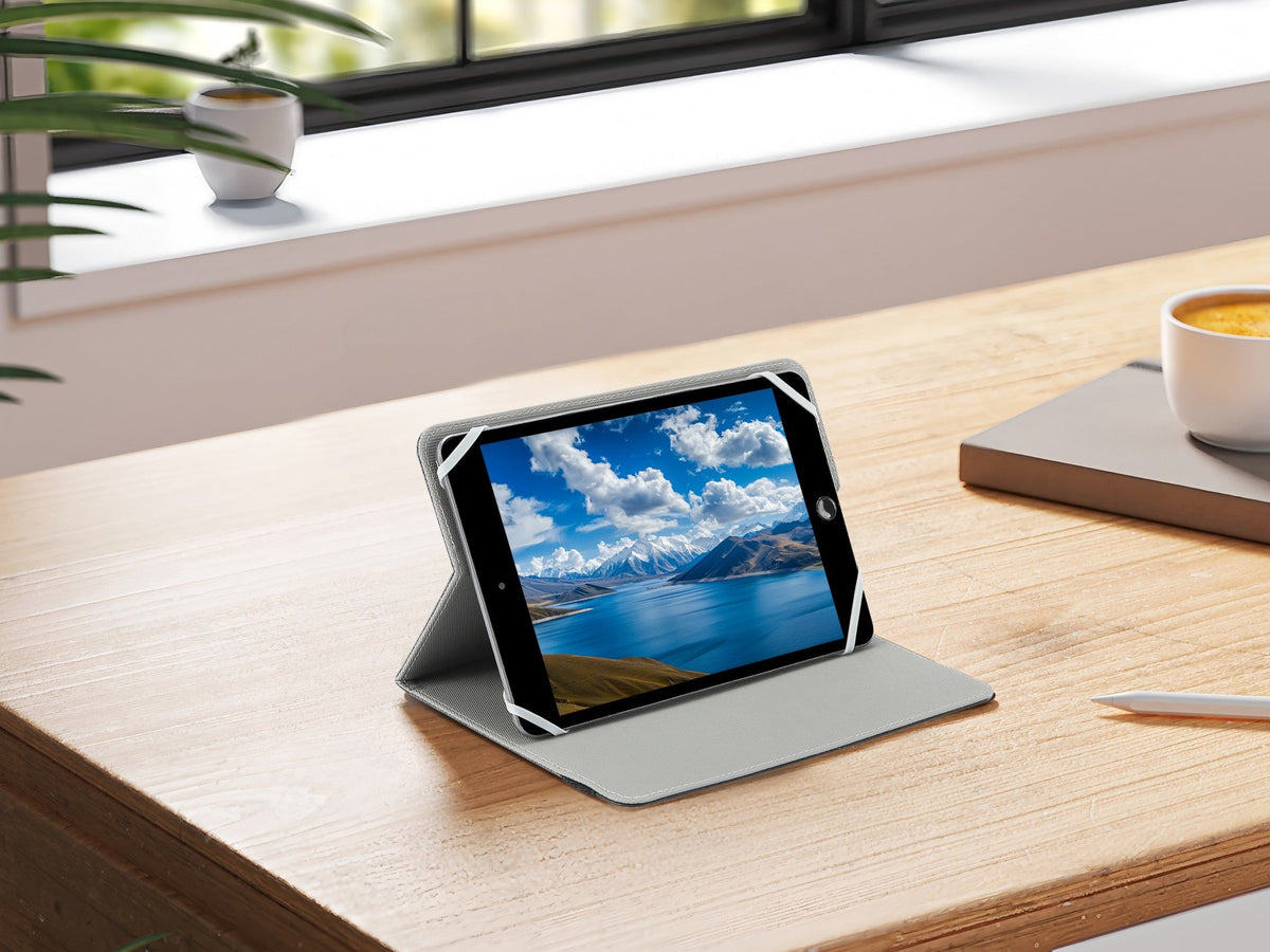 Techancy Capa Tablet TN1610 Universal Para 9-10.1 Polegadas Couro Silicone Ajustavel Multiangulos Faixa Elastico Antiderrapante Cinza