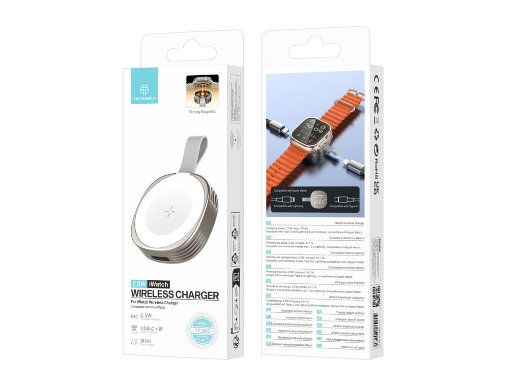 Techancy Carregador Wireless iWatch TF2800 2.5W, iman forte, USB-C/Lightning, compacto, compativel Apple Watch