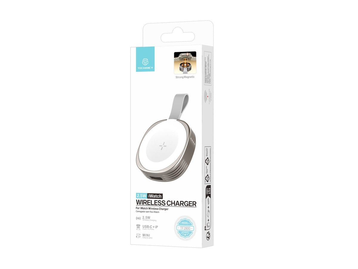 Techancy Carregador Wireless iWatch TF2800 2.5W, iman forte, USB-C/Lightning, compacto, compativel Apple Watch