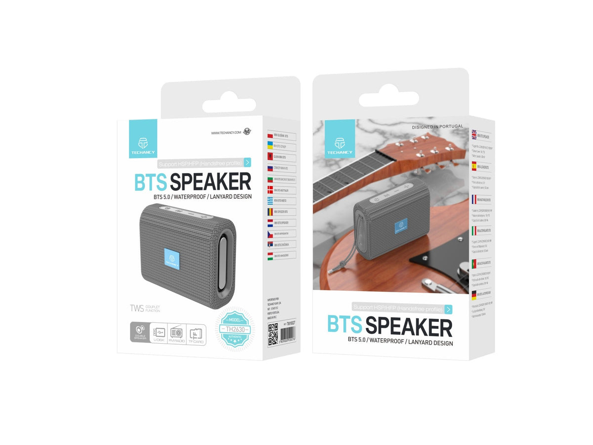 Techancy Mini Altifalante Sem Fios Cinzento TH2630, Reprodução Com Bateria Incorporada, Conetividade Bluetooth 5.0, Suporte Tws